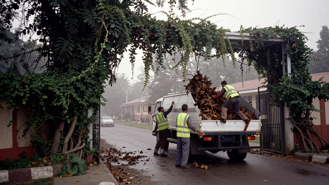 Jhelum Sanitation Crew Vines Dawn in at a crosswalk by a school gate in Jhelum