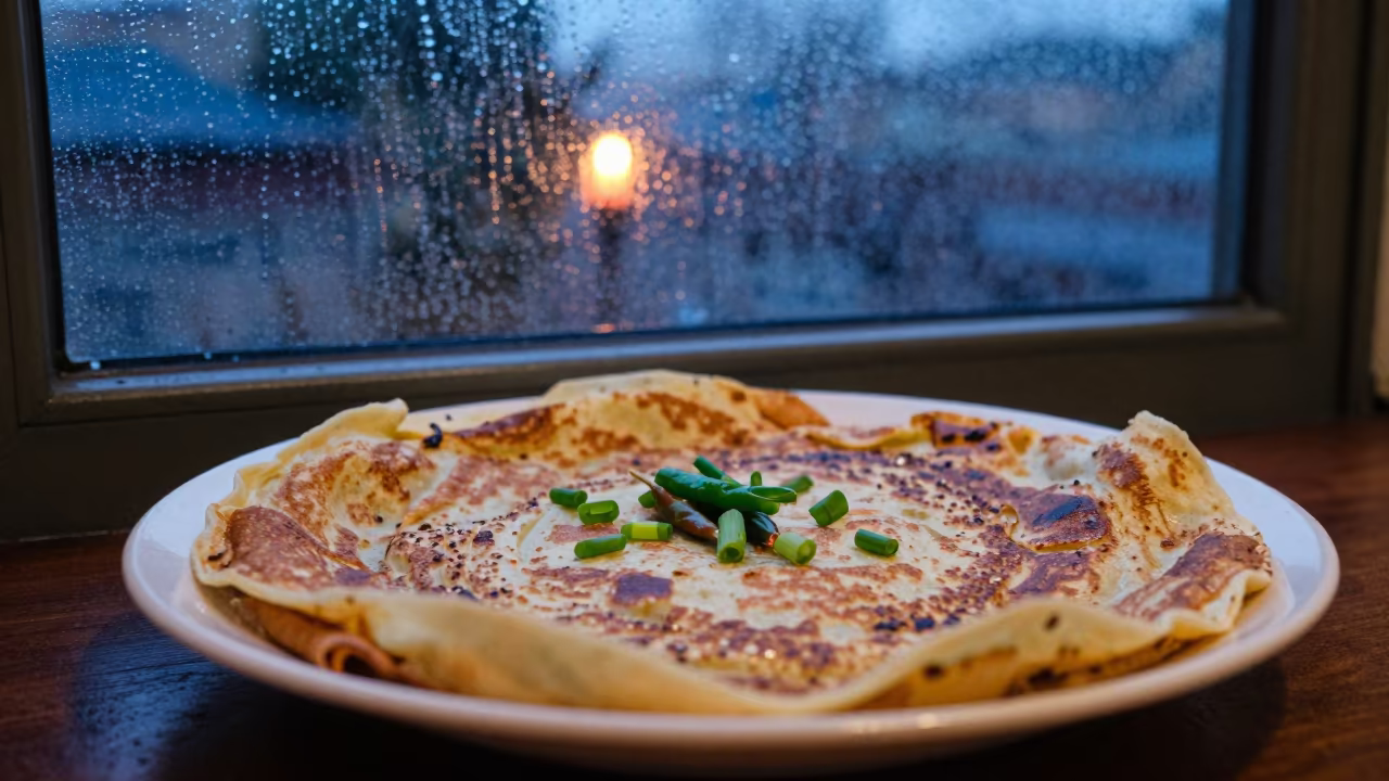 Jianbing Crepe on Ceramic Plate by Window in on a ceramic plate by a window in Jabalpur