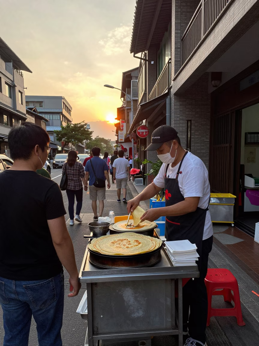 Jianbing Crepe in Taipei at Golden Hour in in Taipei, Taiwan