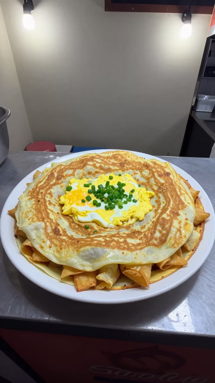 Jianbing Crepe Plate Santa Cruz Market Stall in at a market stall counter in Santa Cruz de la Sierra