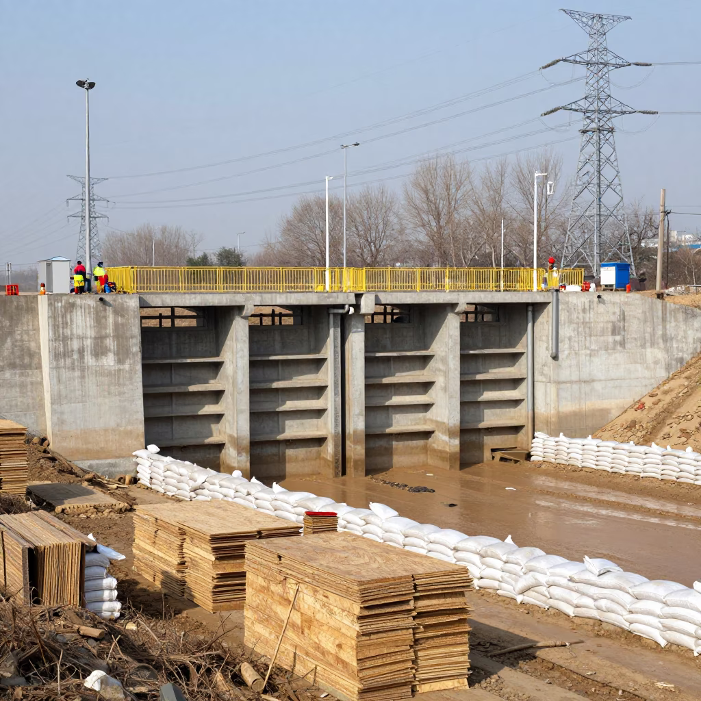 Jiangxi Floodgate Under Towers with Plywood Stacks in beneath transmission towers in Jiangxi