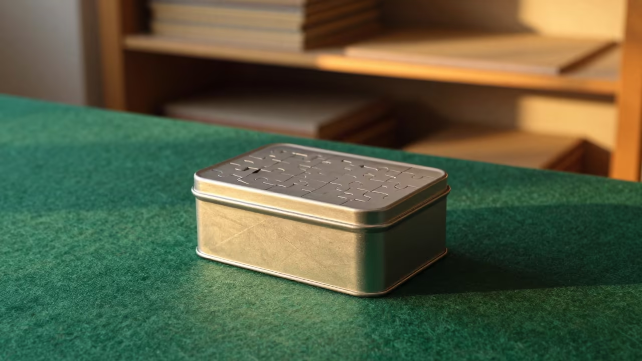 Jigsaw Puzzle Tin on Green Felt Table at Sunset in on a workshop shelf in Suez