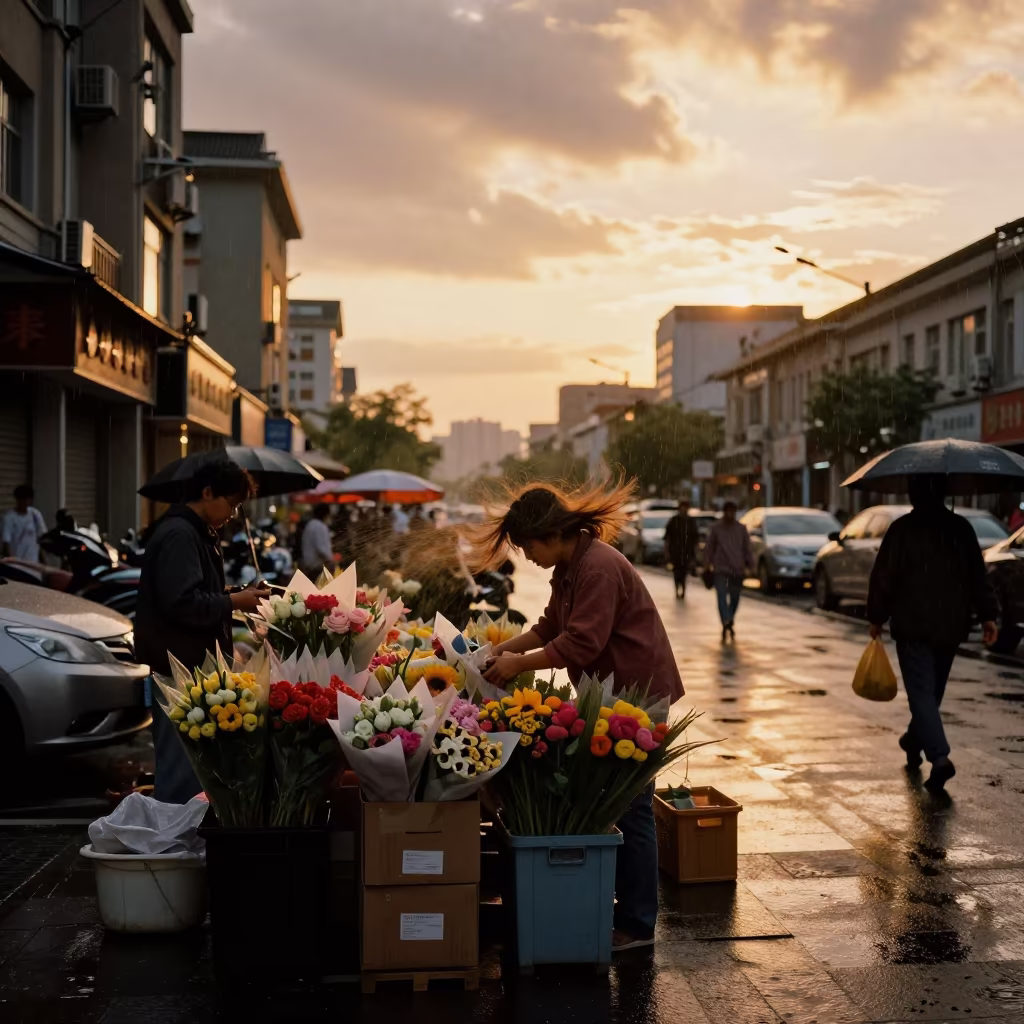 Jinan Florist Packing Up in Golden Wind in along a market-lined side street in Jinan