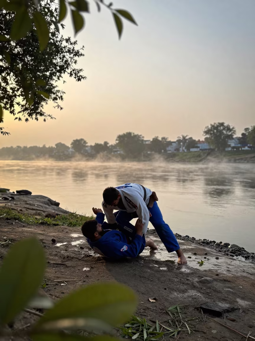 Jiu-Jitsu Triangle Choke Riverside Evening in near a riverside landing in Jhelum