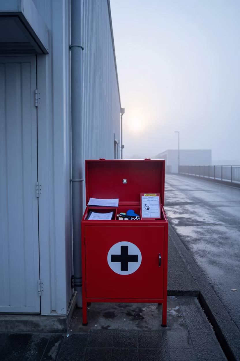 Jobsite First Aid Cabinet at Dawn in Sendai Mist in beside a framed building shell in Sendai