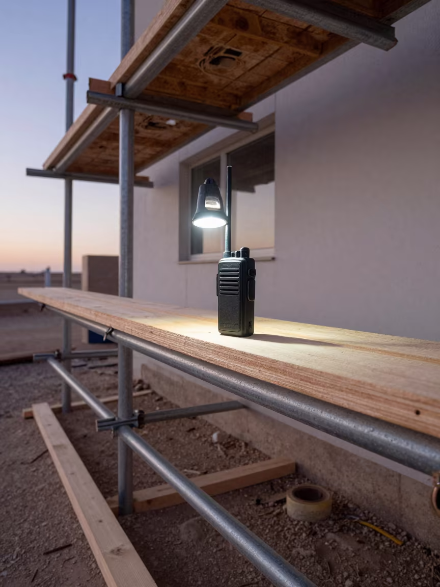 Jobsite Radio Shelf Under Morning Light in along a scaffolded facade near Idku