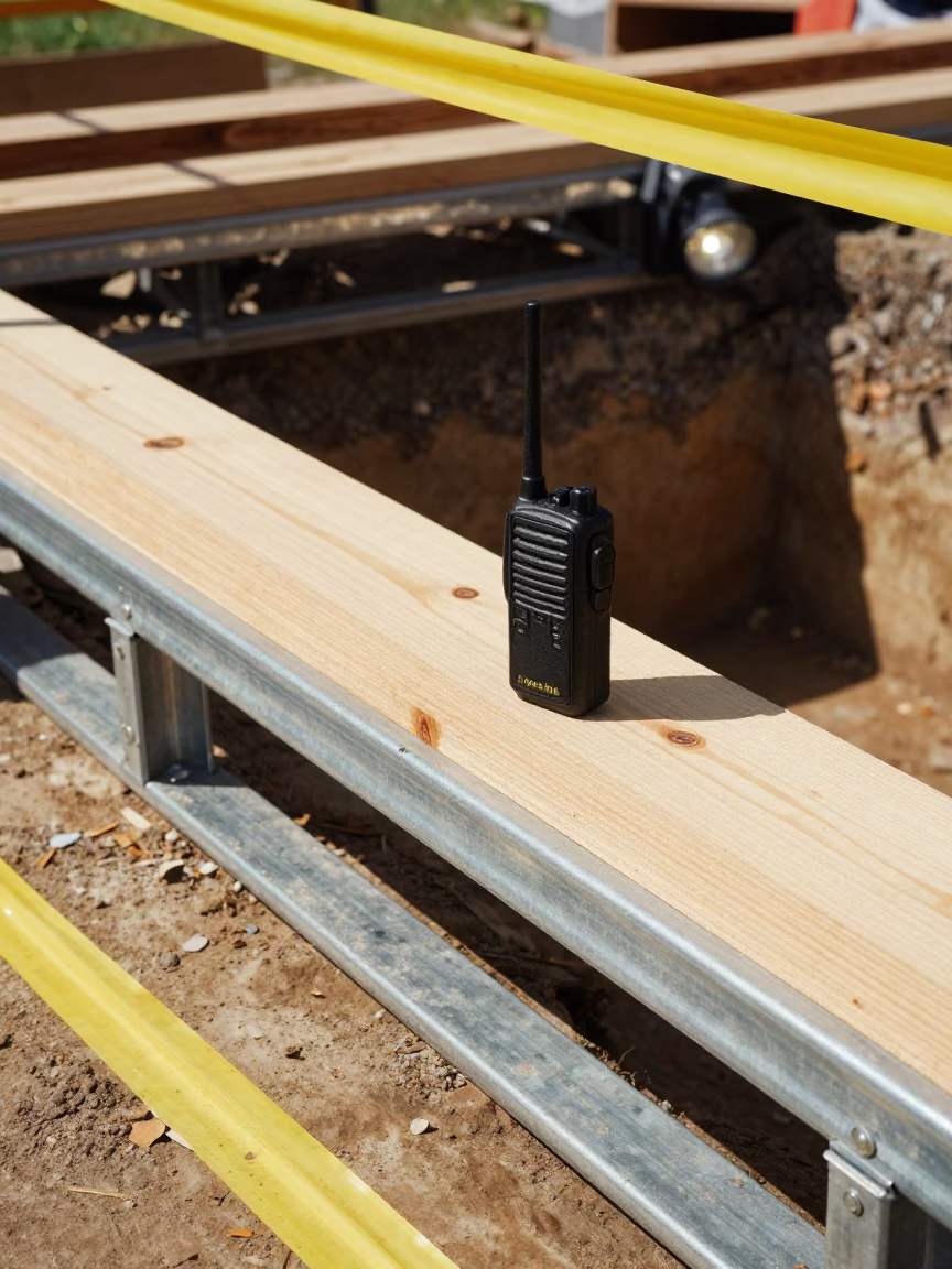 Jobsite Radio on Timber Shelf at Excavation Edge in inside a taped-off excavation edge in Manitoba