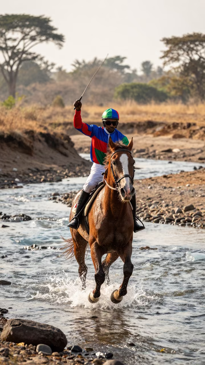 Jockey on Horse Racing Glacial Stream in above a glacial stream near Brazzaville