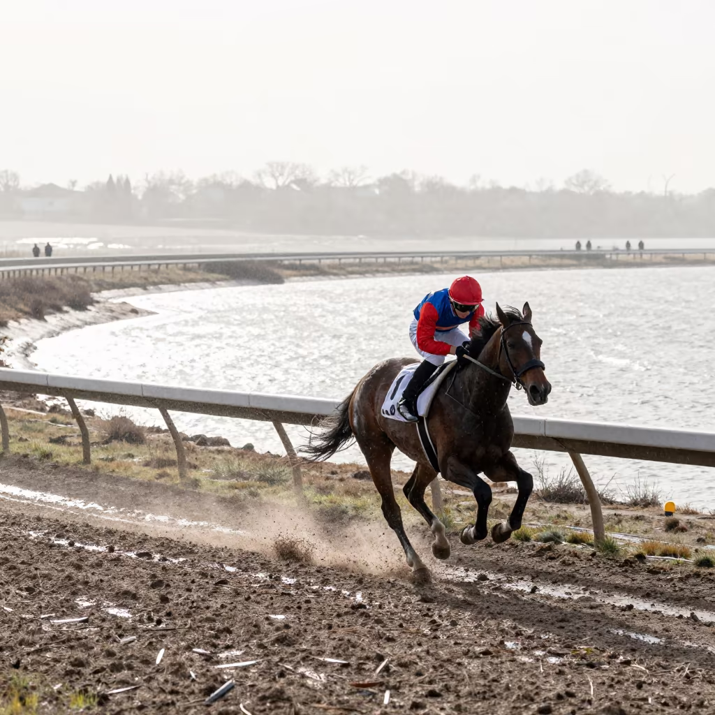 Jockey Whipping Horse in Winter Rain in beside a tidal inlet in Illinois