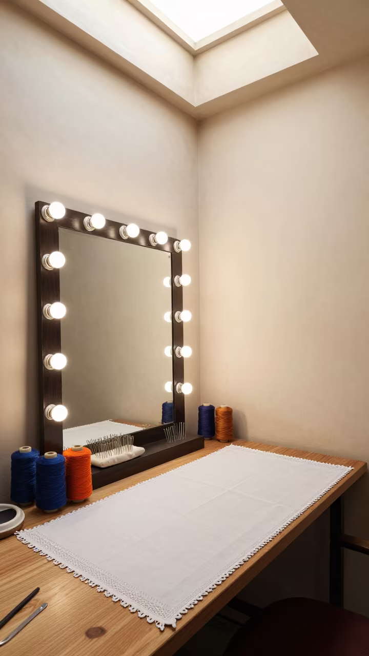 Jodhpur Atelier Thread and Pins by Makeup Mirror in beside a mirror lined with makeup bulbs in Jodhpur