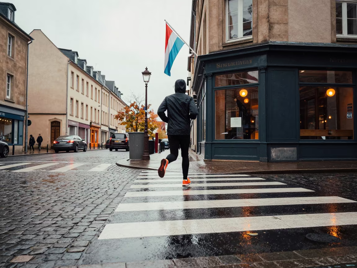 Jogger Crossing Rainy Luxembourg Crosswalk at Dawn in outside a corner cafe in Luxembourg City