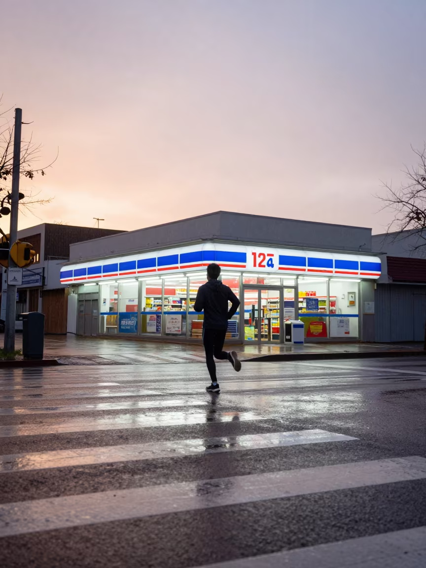 Jogger in Rain on Oran Crosswalk at Dawn in outside a fluorescent convenience store in Oran