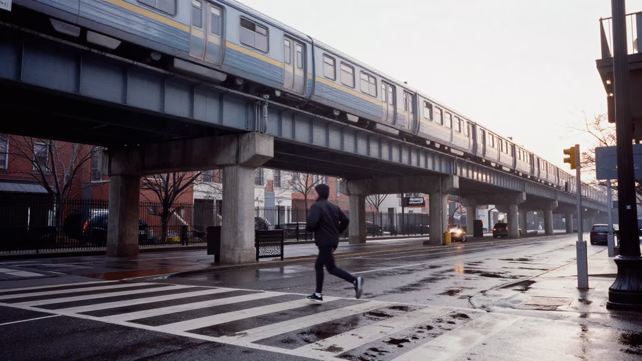 Jogger on Rain-Soaked Fishtown Crosswalk at Dawn in under an elevated train line in Fishtown, Philadelphia