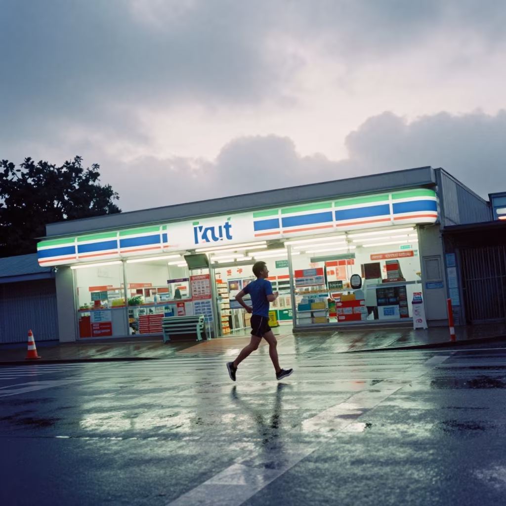 Jogger on Rainy Crosswalk at Dawn in outside a fluorescent convenience store in Kut