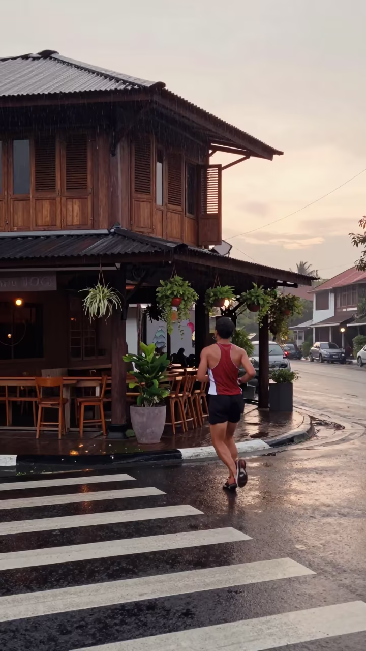 Jogger on Rainy Crosswalk at Dawn in Lombok in outside a corner cafe in Lombok
