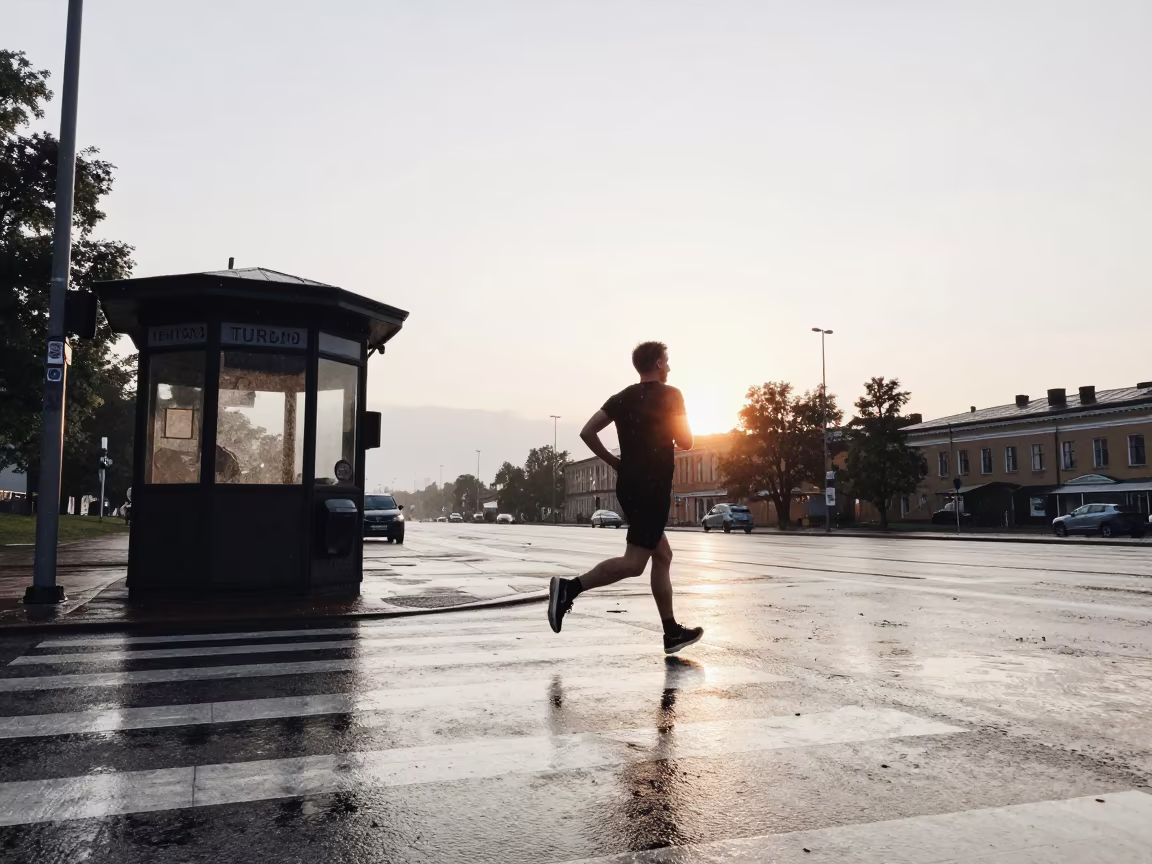 Jogger on Rainy Turku Crosswalk at Dawn in by a rain-darkened kiosk in Turku