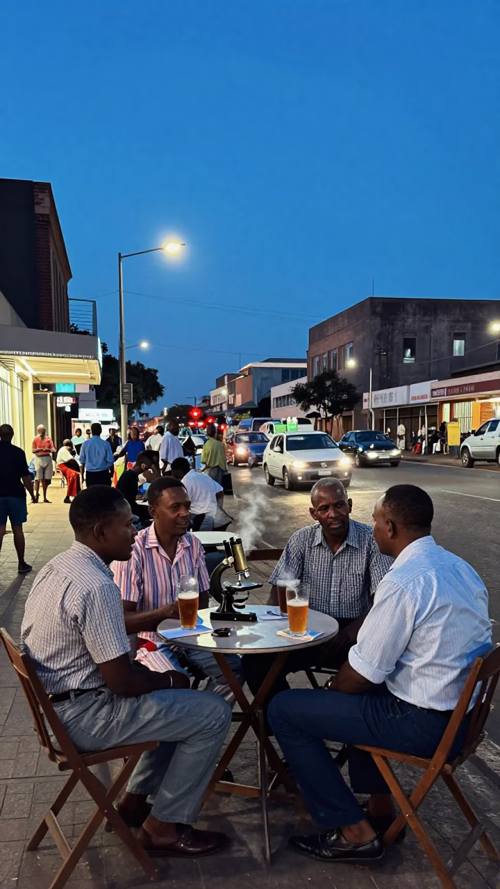 Johannesburg Blue Hour Street Scene with Antique Microscope and Local Life in in Johannesburg, South Africa