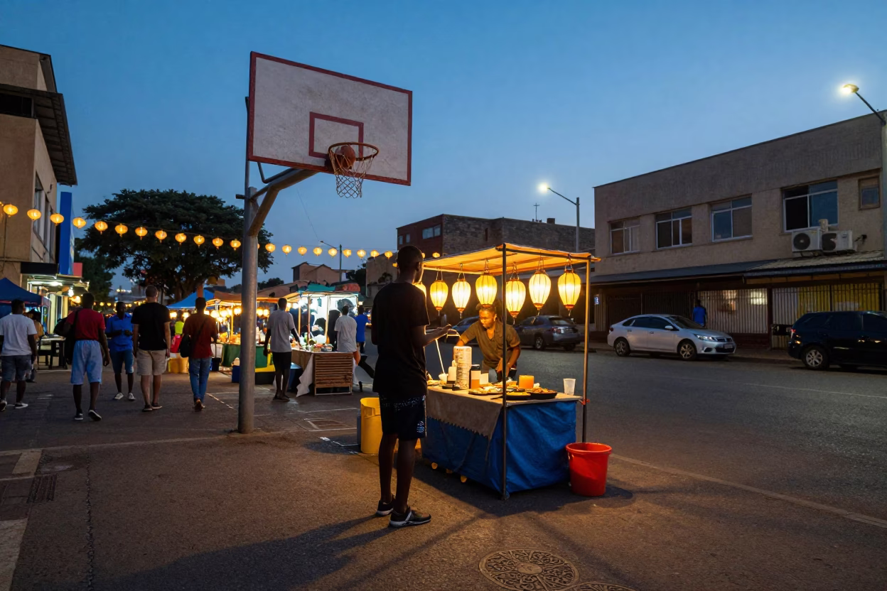 Johannesburg Blue Hour Street Scene with Basketball and Night Market Lanterns in in Johannesburg, South Africa