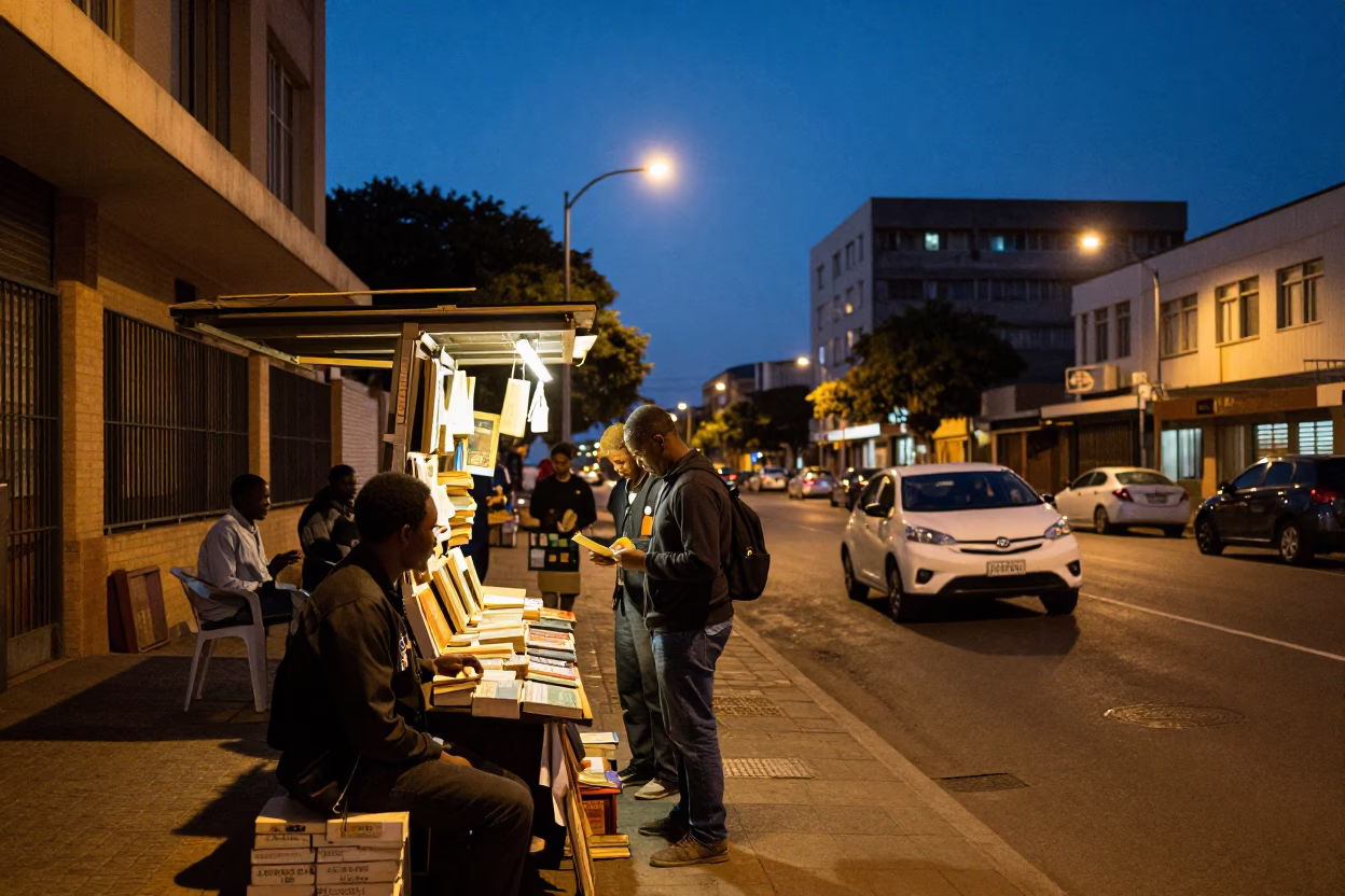 Johannesburg Blue Hour Street Scene with Bookstall and Warm Amber Lighting in in Johannesburg, South Africa