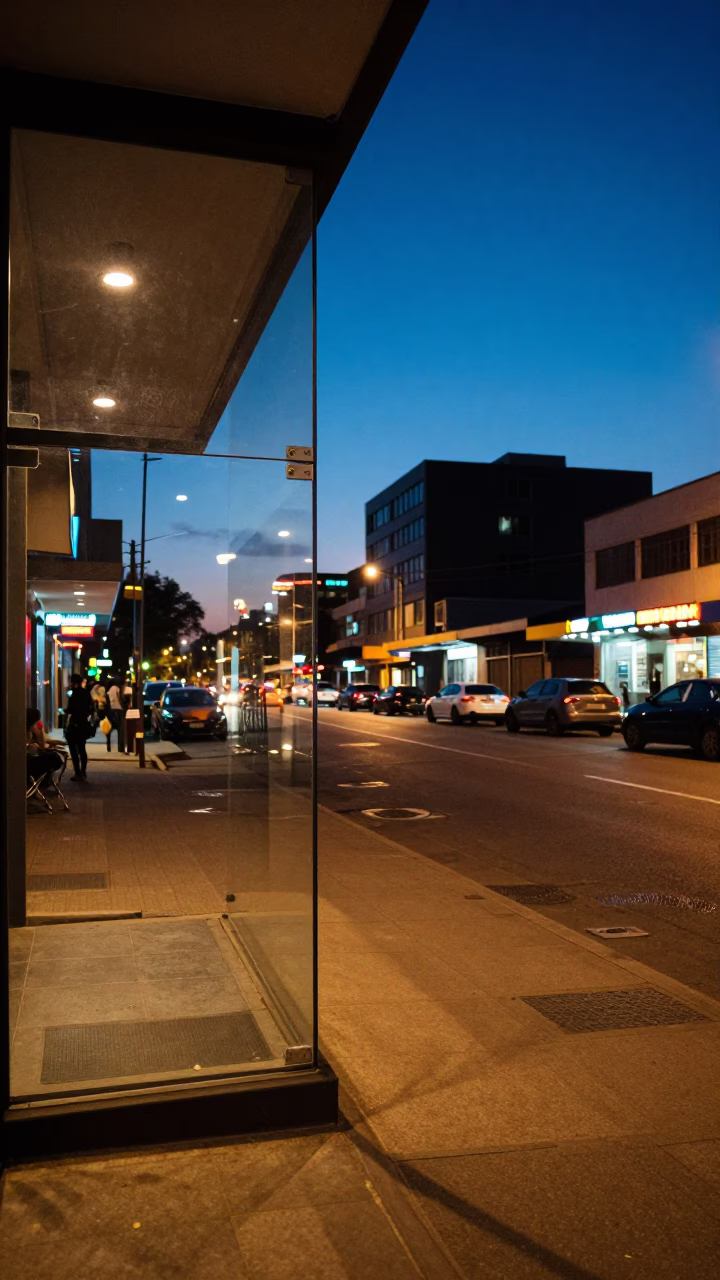Johannesburg Blue Hour Street Scene with Clear Glass Doorframe and Urban Life in in Johannesburg, South Africa