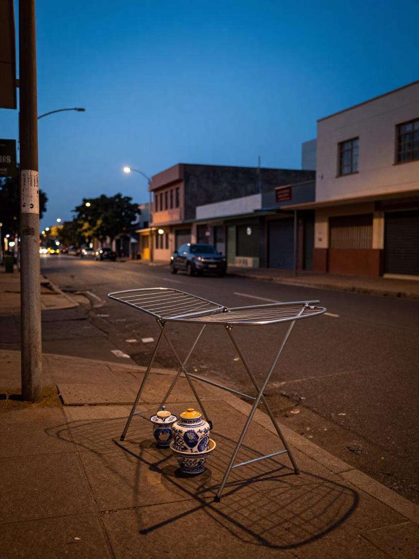 Johannesburg Blue Hour Street Scene with Drying Rack and Vintage Majolica Plate in in Johannesburg, South Africa