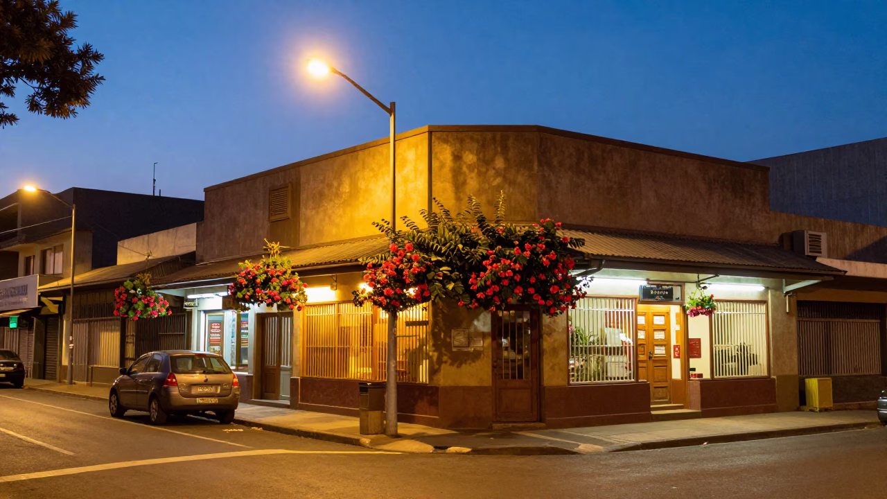 Johannesburg blue hour street scene with hanging flowers and warm shop lights in in Johannesburg, South Africa