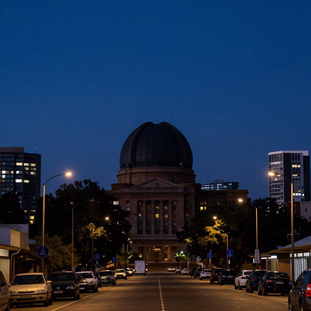 Johannesburg Blue Hour Street Scene with Observatory Dome Silhouette and Urban Fog in in Johannesburg, South Africa