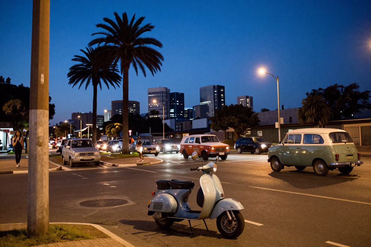Johannesburg Blue Hour Street Scene with Palm Trees and Vintage Scooter Traffic in in Johannesburg, South Africa