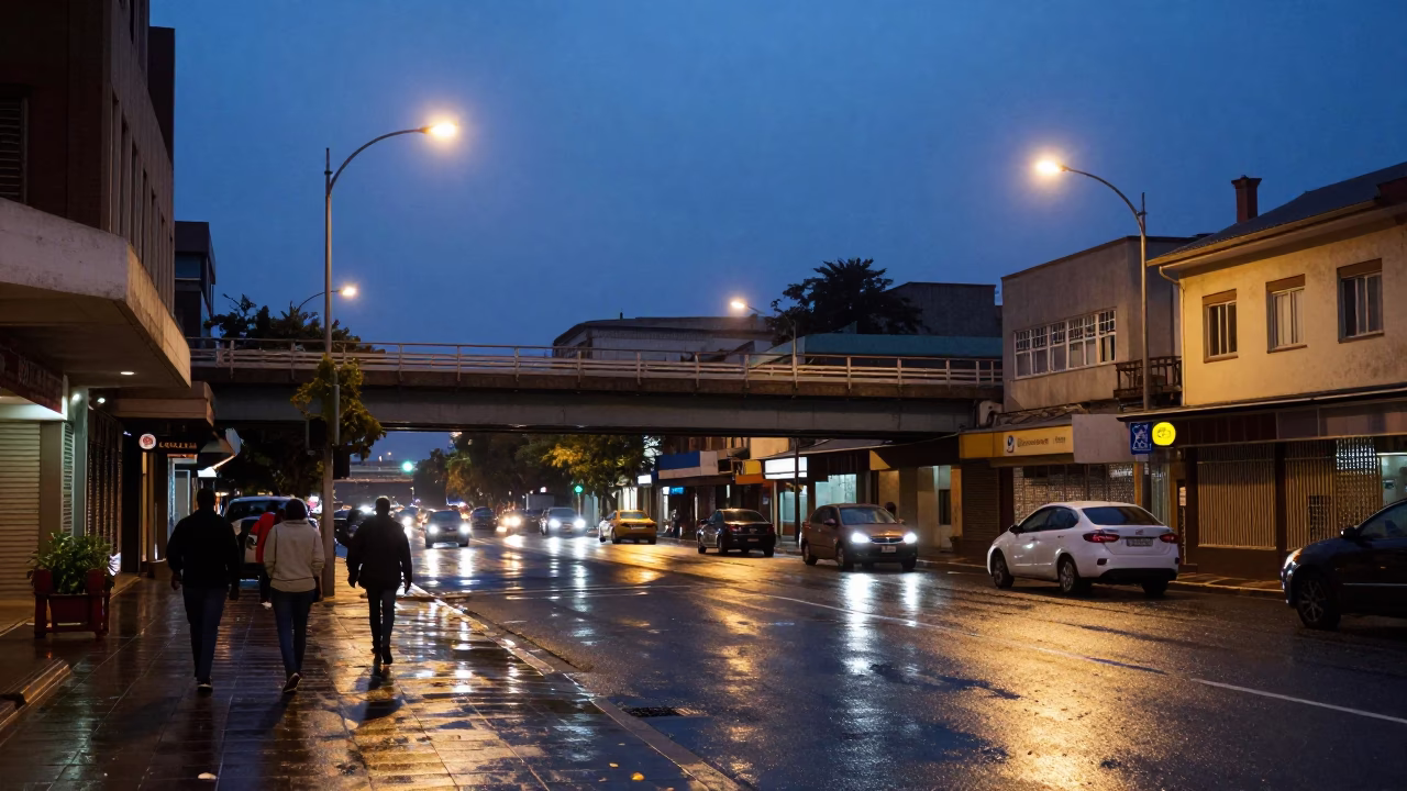 Johannesburg Blue Hour Street Scene with Pedestrian Overpass and Wet Footsteps in in Johannesburg, South Africa