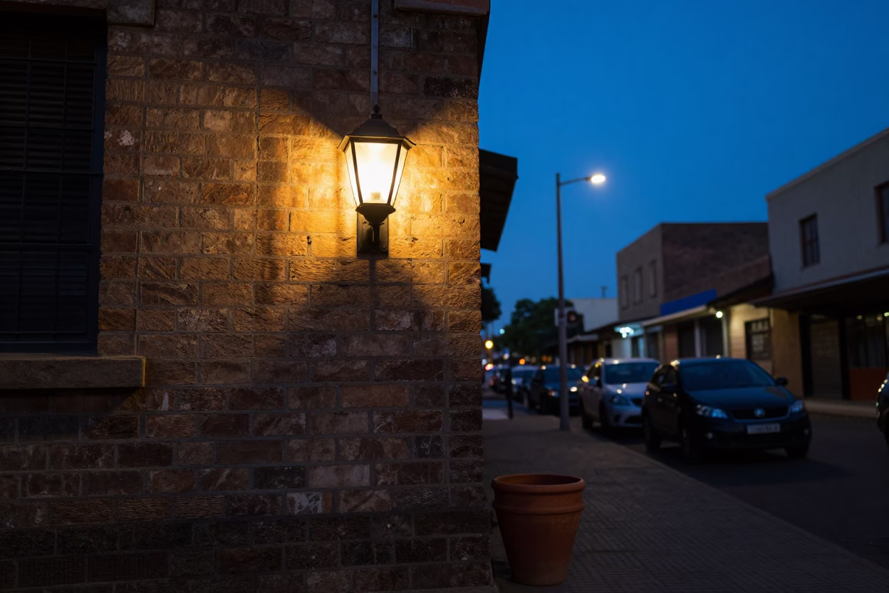 Johannesburg Blue Hour Street Scene with Wall Sconce and Terracotta Pot in in Johannesburg, South Africa