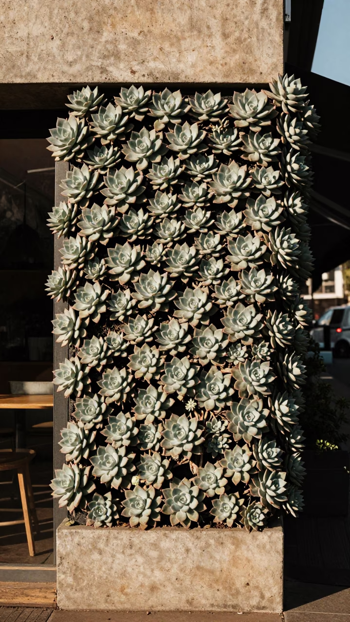 Johannesburg Cafe Exterior Living Wall Succulents Afternoon Light Realistic Street Scene in in Johannesburg, South Africa