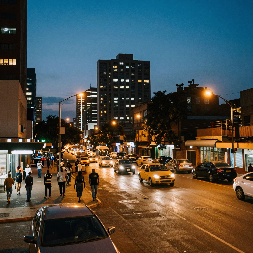 Johannesburg City Lights Glow Evening Street Scene with Blue White Porcelain Plate and Scarf in in Johannesburg, South Africa