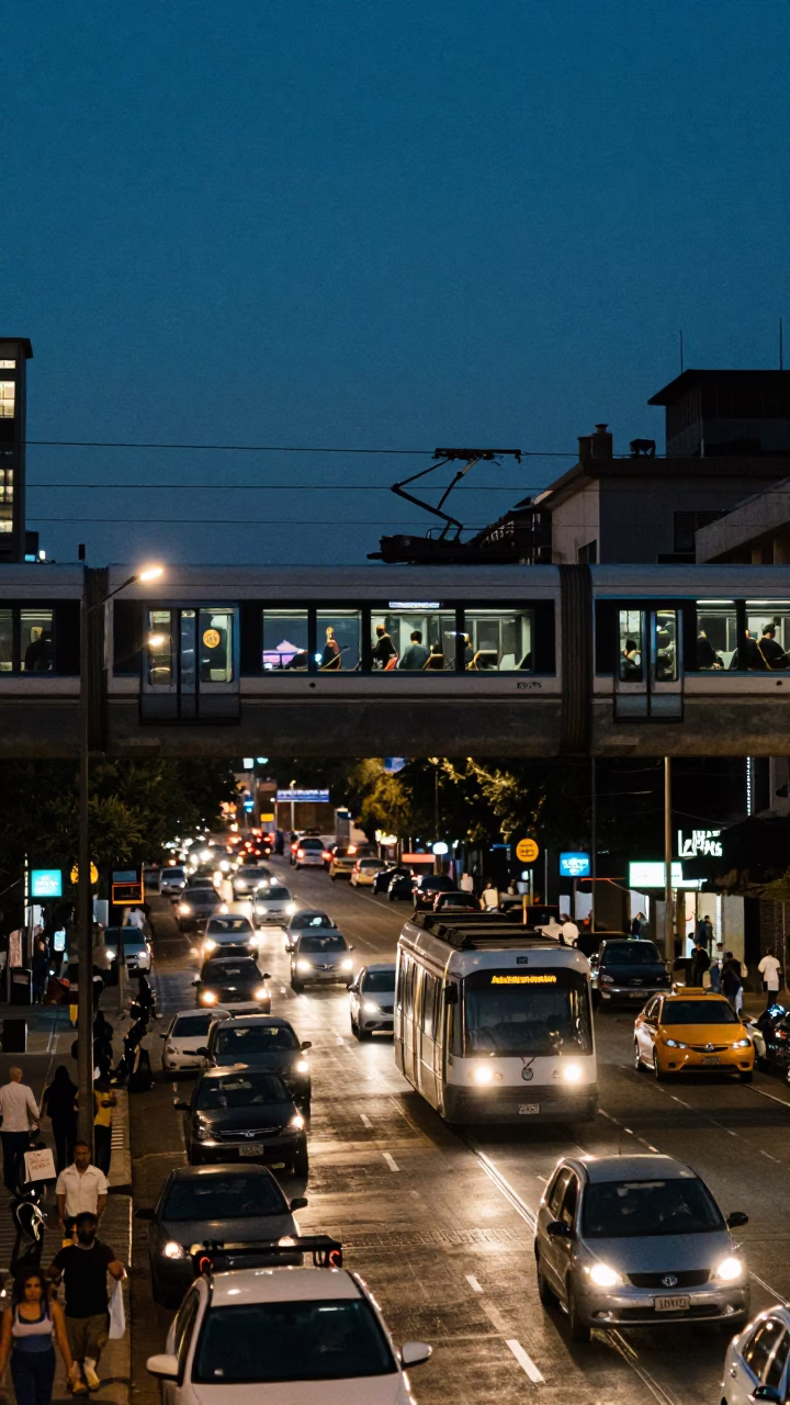 Johannesburg City Lights Glow Monorail Over Busy Street at Dusk in in Johannesburg, South Africa