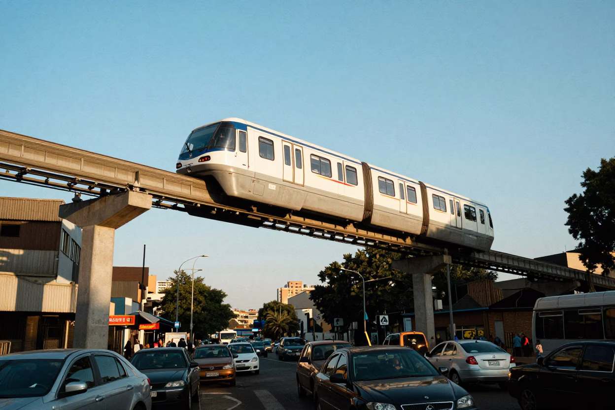 Johannesburg City Monorail Passing Above Busy Street Traffic in Late Afternoon Light in in Johannesburg, South Africa