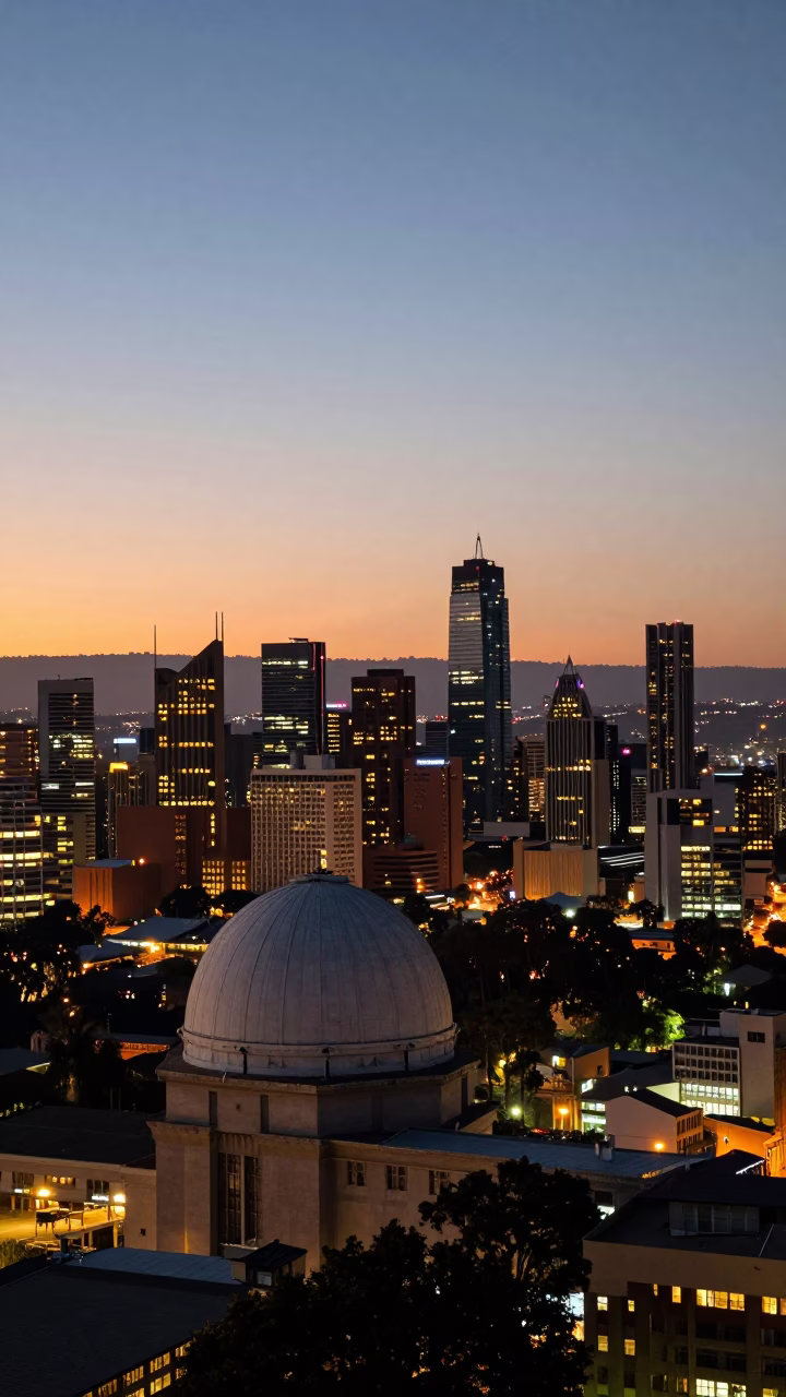 Johannesburg City Skyline at Dusk with Observatory Dome and Evening Traffic in in Johannesburg, South Africa
