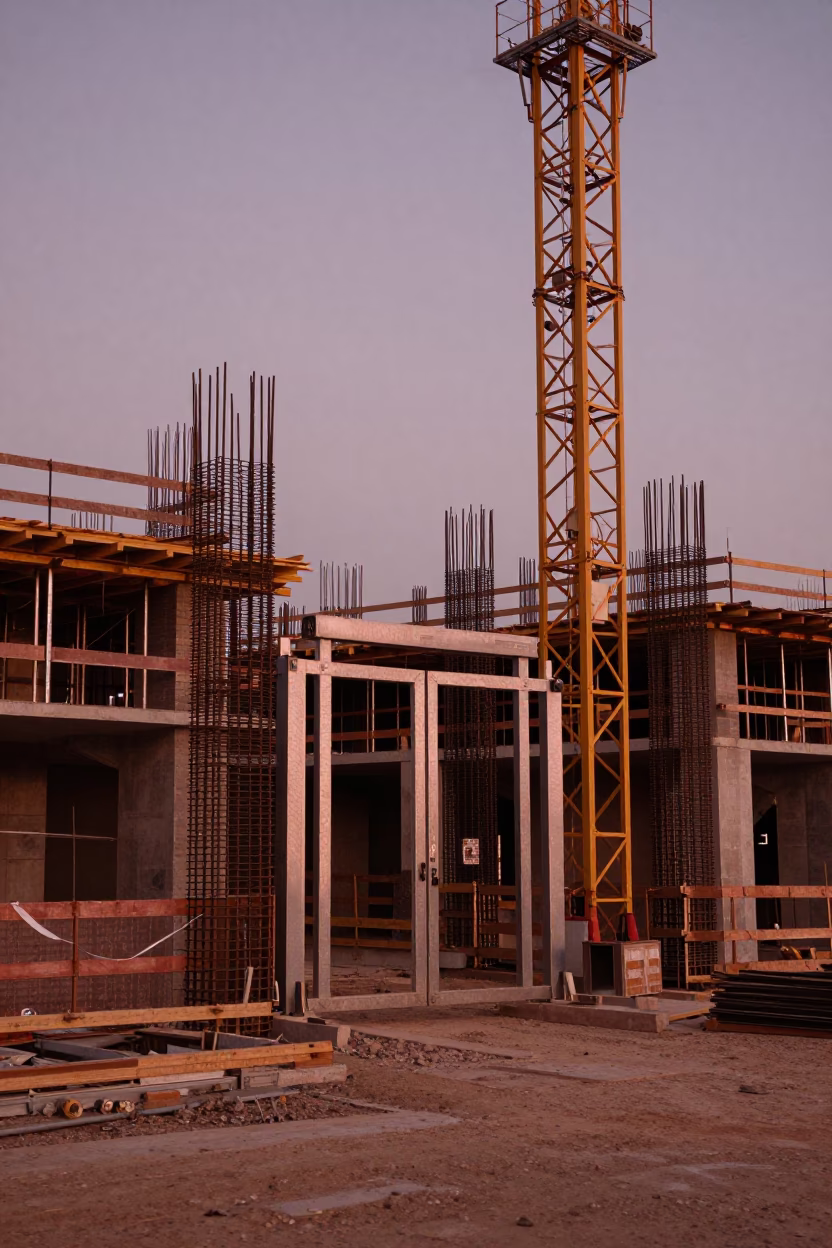 Johannesburg Construction Site at Dusk with Rebar and Elevator Gate in in Johannesburg, South Africa
