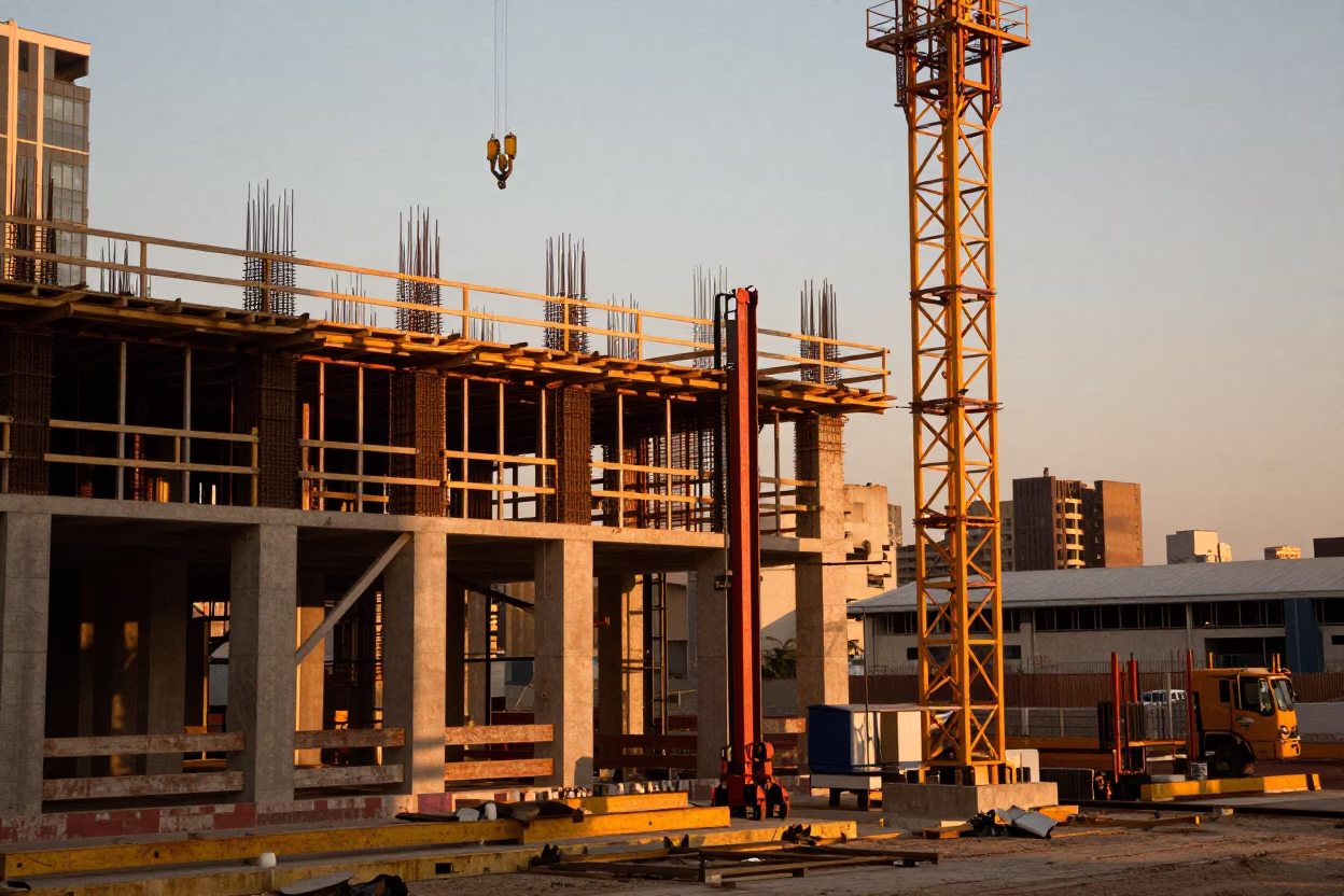 Johannesburg Construction Site Evening Light with Rebar and Elevator Gate in in Johannesburg, South Africa