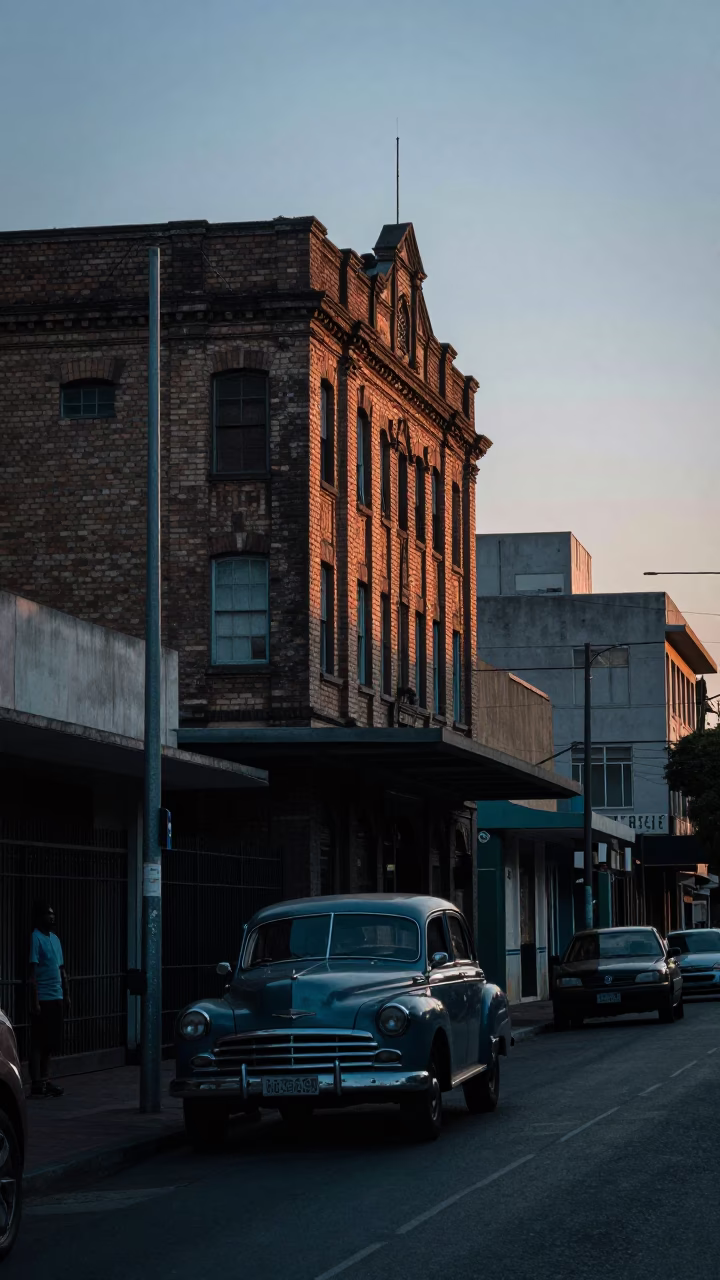 Johannesburg Dawn Street Scene Before Sunrise with Vintage Car and Urban Architecture in in Johannesburg, South Africa