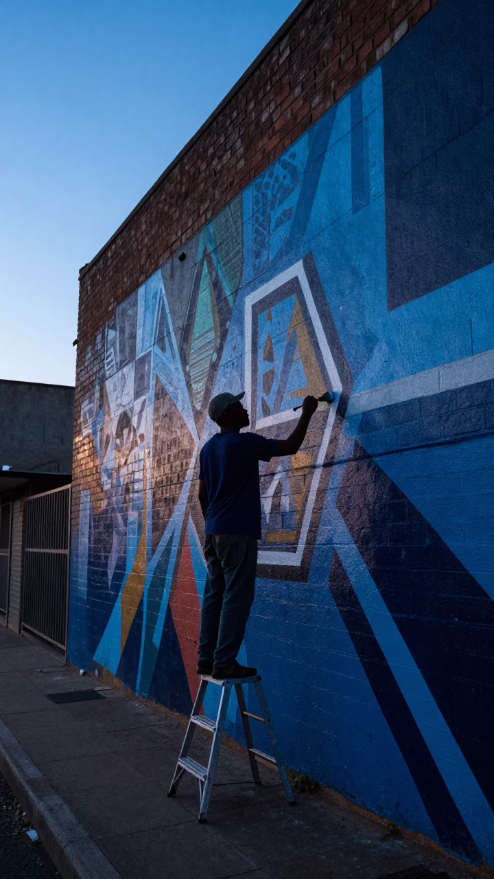 Johannesburg Dawn Street Scene with Artist Painting Mural Before Sunrise in in Johannesburg, South Africa