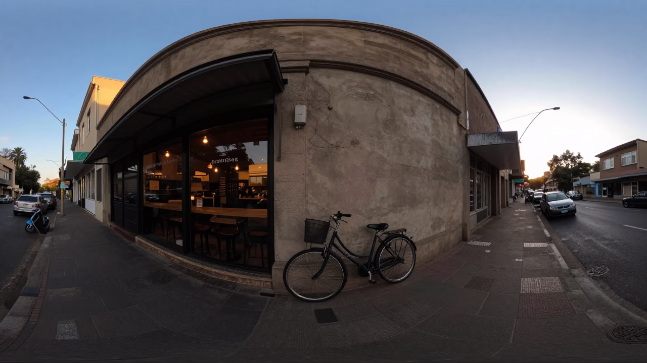 Johannesburg Dawn Street Scene with Bicycle Leaning Against Cafe Wall in in Johannesburg, South Africa