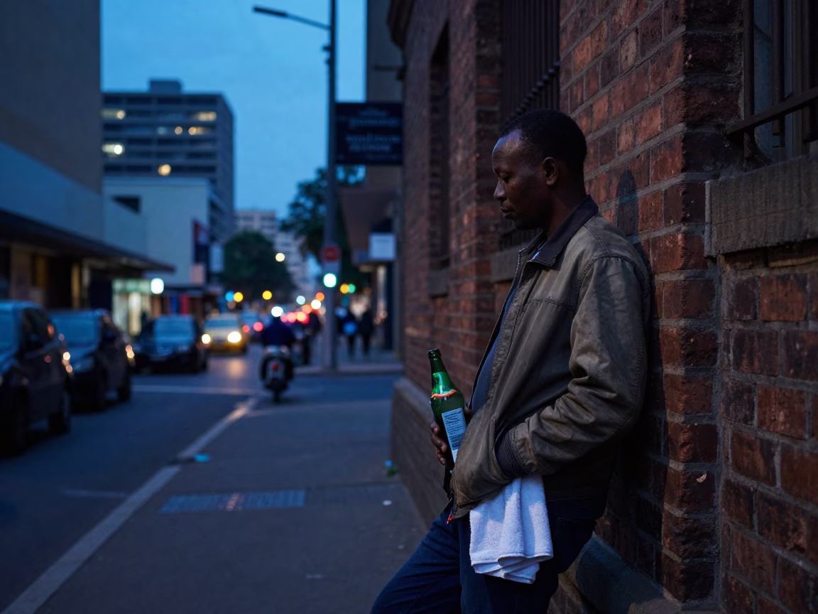 Johannesburg Dawn Street Scene with Bottle and Towel in Pre-Dawn Light in in Johannesburg, South Africa