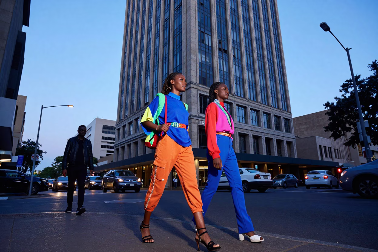 Johannesburg Dawn Street Scene with Colorful Fashion and Urban Architecture in in Johannesburg, South Africa