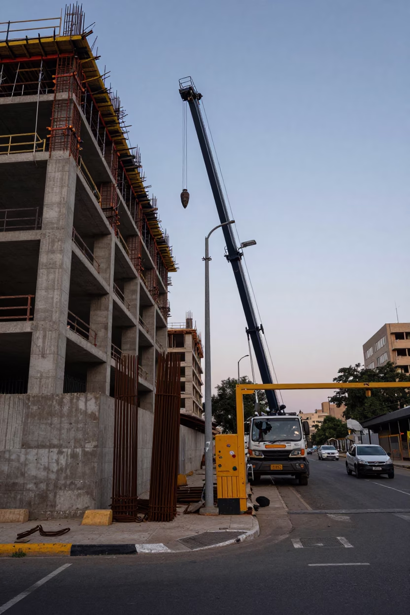 Johannesburg Dawn Street Scene with Construction Elevator Gate and Rebar Bundles in in Johannesburg, South Africa