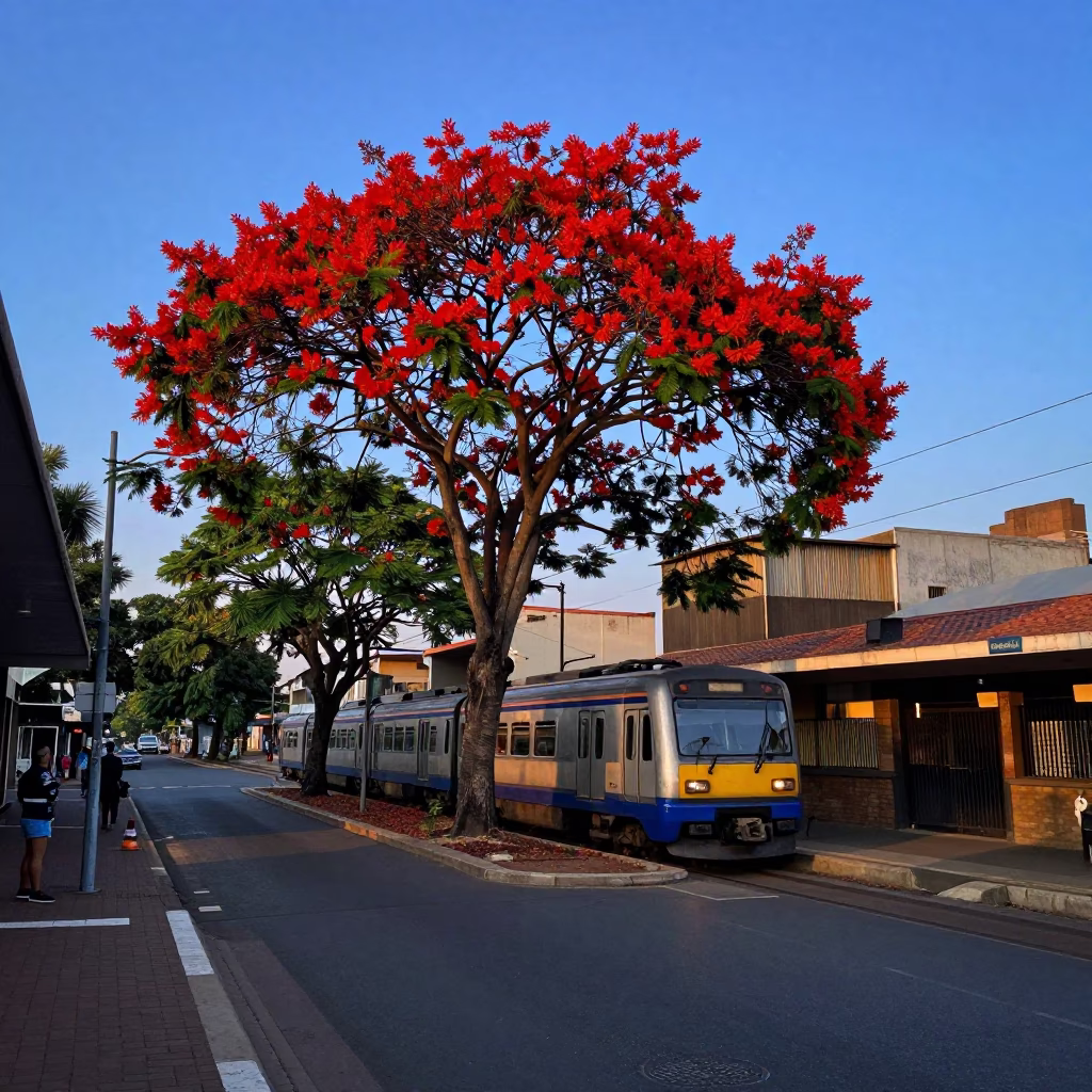 Johannesburg Dawn Street Scene with Flame Tree and Early Commuters in in Johannesburg, South Africa