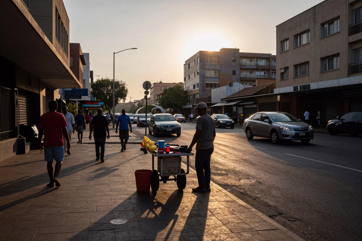 Johannesburg Dawn Street Scene with Local Vendor and Morning Light in in Johannesburg, South Africa