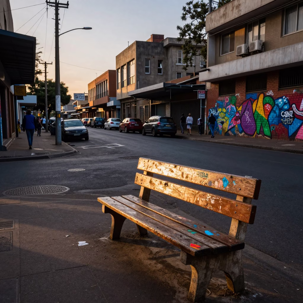 Johannesburg Dawn Street Scene with Paint Flecks on Bench Slats in in Johannesburg, South Africa