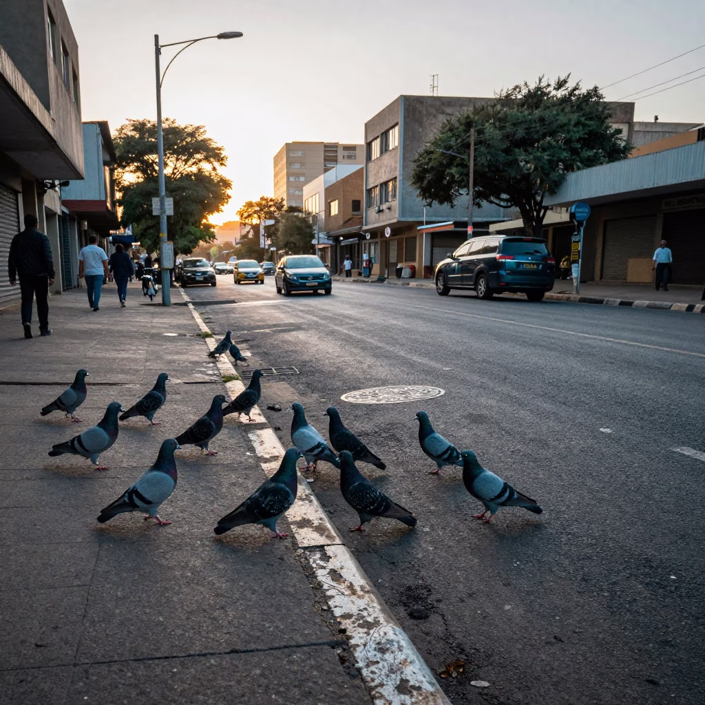 Johannesburg Dawn Street Scene with Pigeons and Early Morning Light in in Johannesburg, South Africa