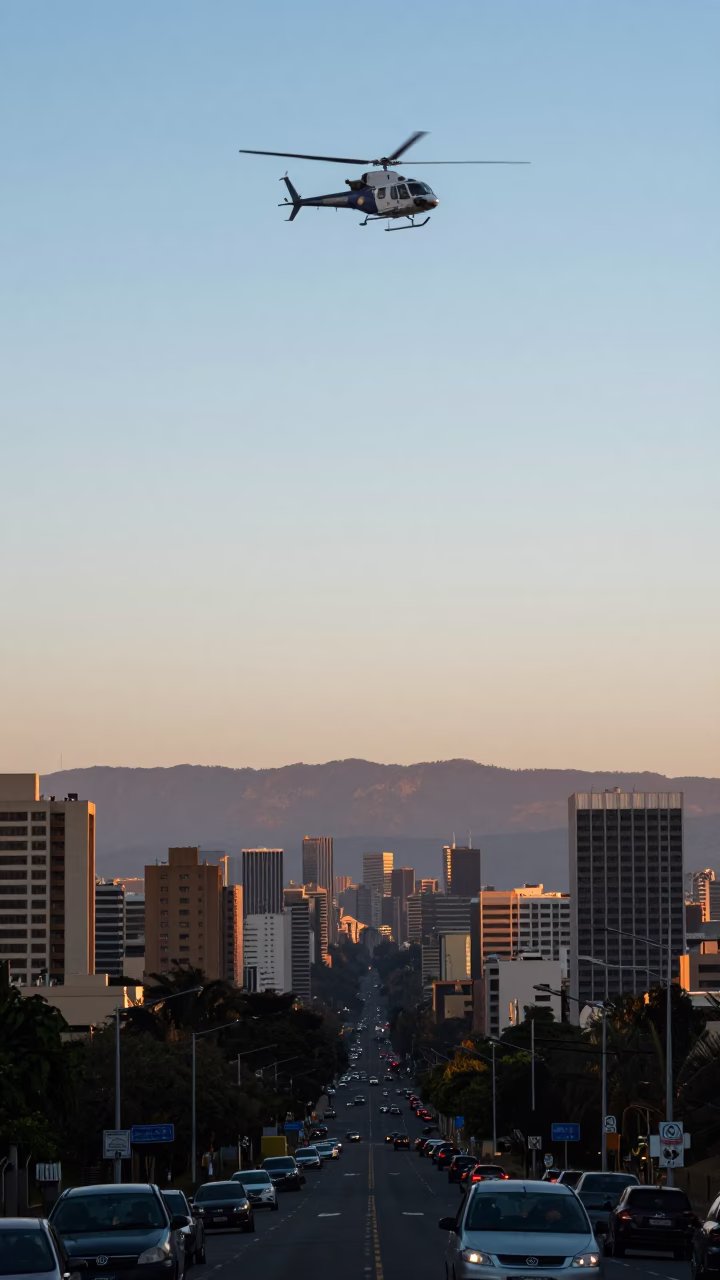 Johannesburg Dawn Street Scene with Supply Helicopter Over Mountains at First Light in in Johannesburg, South Africa