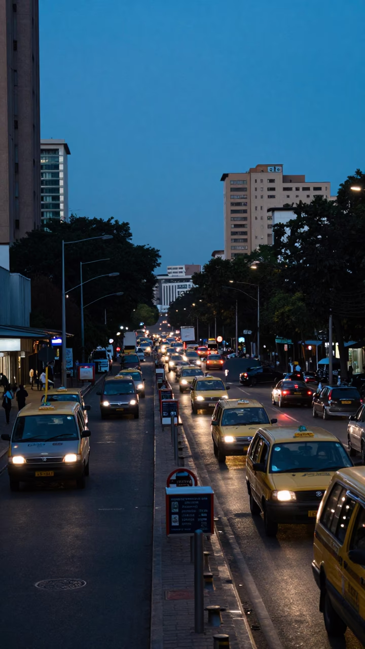 Johannesburg Dawn Street Scene with Taxi Rank and Urban Life in in Johannesburg, South Africa