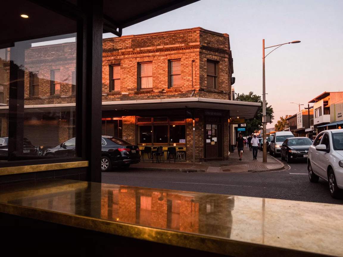 Johannesburg Dusk Street Scene with Polished Brass Countertop Reflections and Urban Life in in Johannesburg, South Africa